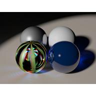 Four spheres, one of them is transparent and has a negative ior
