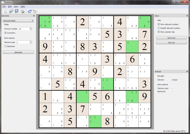 Main window with generated sudoku and activated tips.